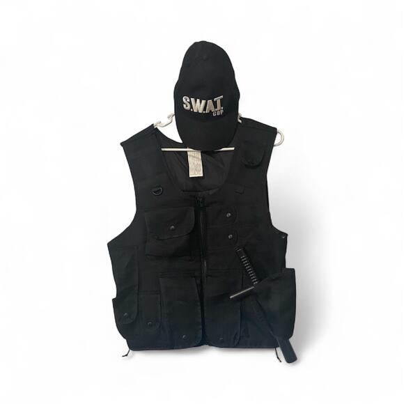American SWAT Cop Adjustable Vest Hat Baton Halloween Role Play Acting - Picture 3 of 6